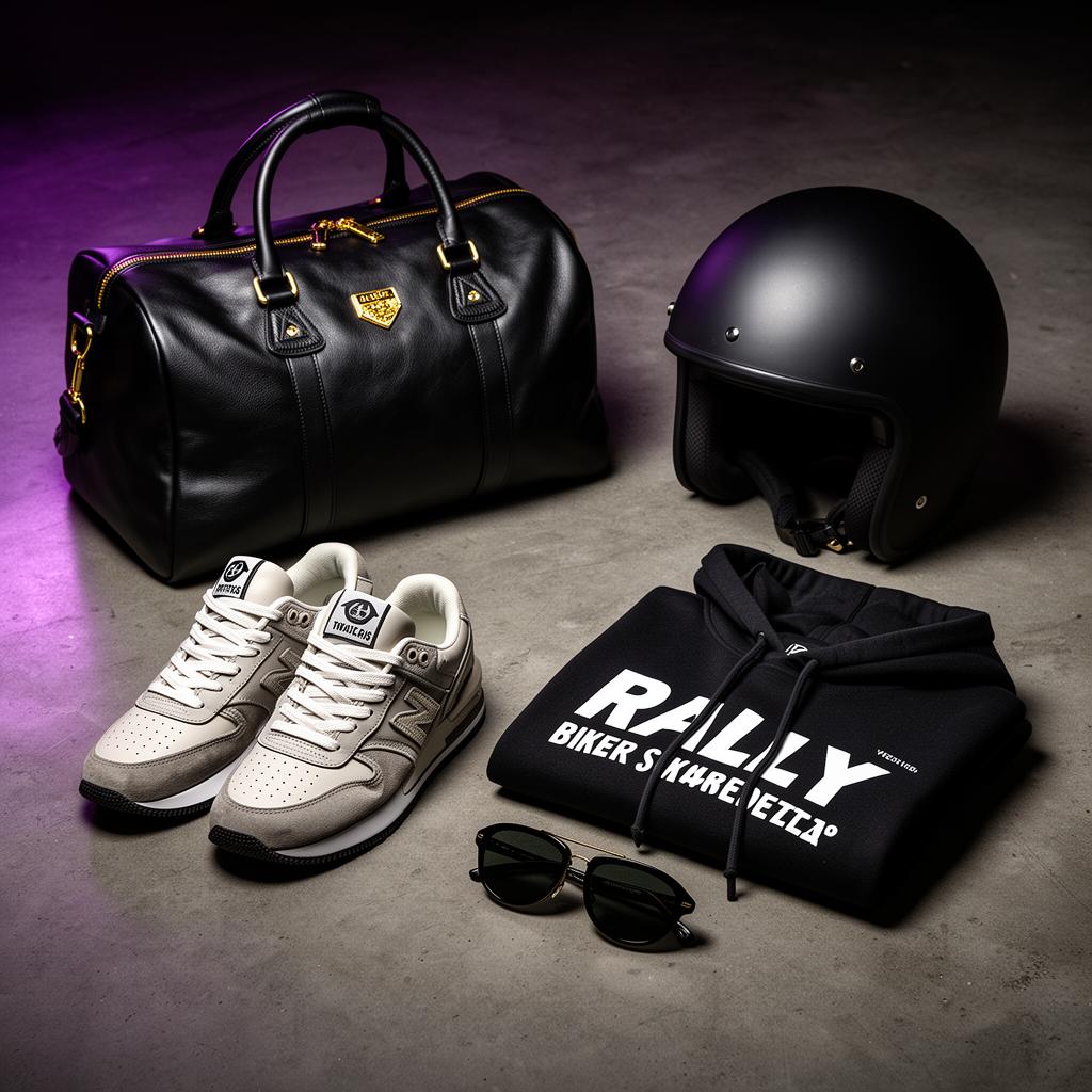 Luxury biker accessories: leather duffel, sneakers, hoodie and helmet