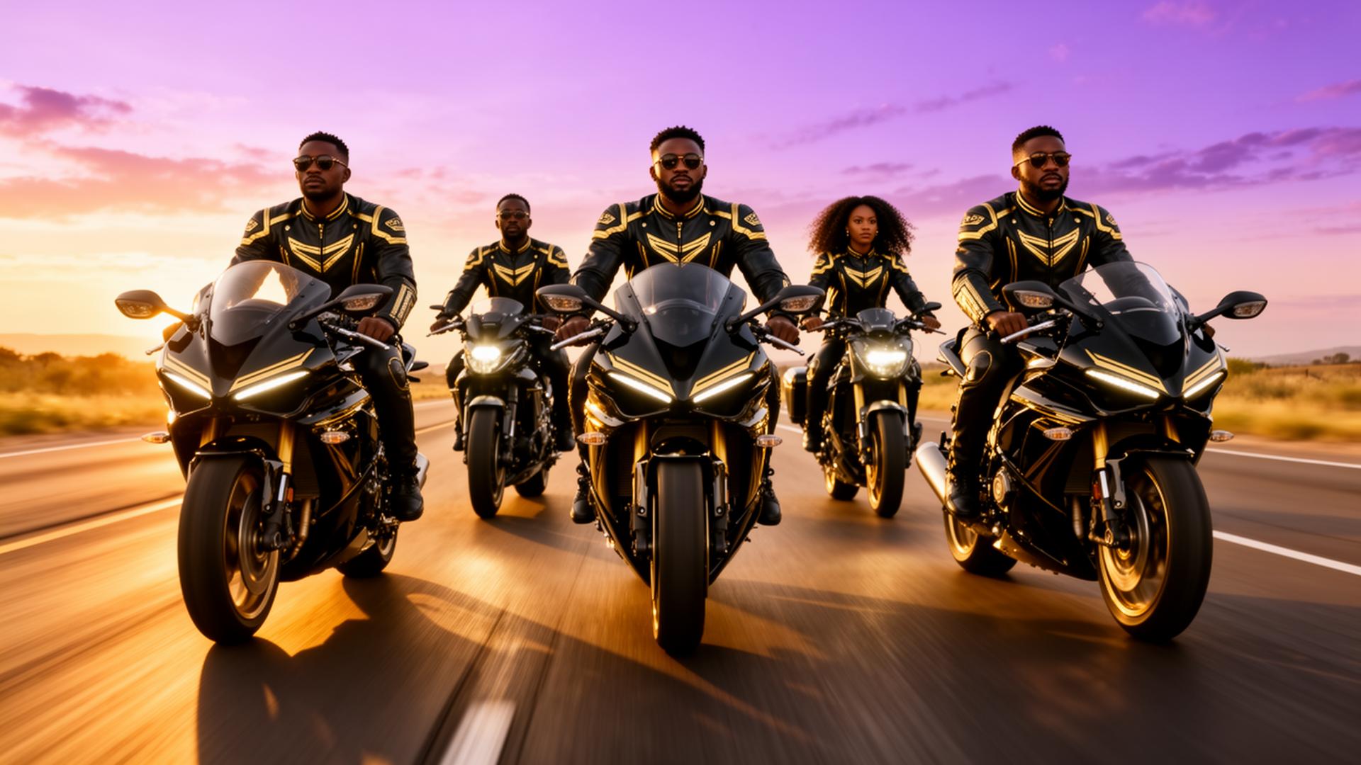 Group of riders cruising in formation at golden hour